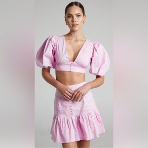 Showpo Pink barbie coquette plunge NECK CROP TOP & MINI SKIRT SET size 14